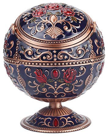 K COOL Winddichter Aschenbecher mit Deckel, tragbarer Zigarettenaschenbecher für drinnen und draußen, Metall, Dekoration, schönes Geschenk für Herren und Damen (Marineblau-rote Rose)