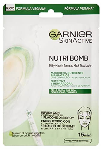 Garnier Maschera in Tessuto Nutriente Riparatrice NutriBomb, Ottima per la Pelli Secche e Molto Secche, Arricchita con Latte di Mandorla e Acido Ialuronico, 28 g
