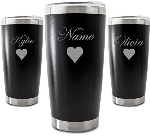 Personalised Engraved 500ml Black Travel Cup with Name and Heart Design, Personalise with Any Name