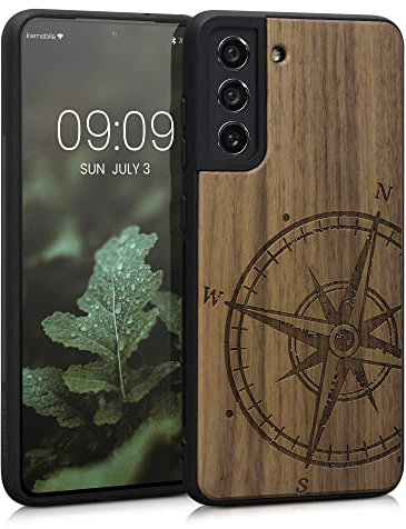 kwmobile Custodia Compatibile con Samsung Galaxy S21 FE Cover - Back Case in Legno con Bumper in Silicone TPU - Bussola vintage marrone scuro