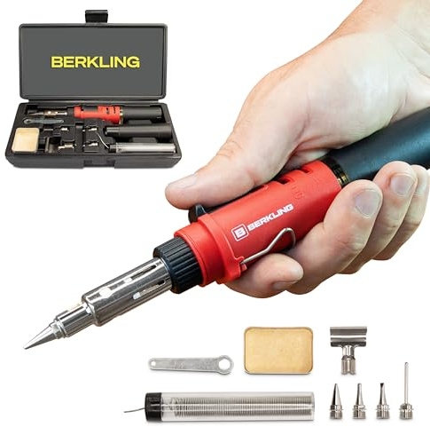 Berkling BSG-568 Butane Soldering Iron Kit - Self-Ignite, Instant Start, Portable Cordless Welding Micro Solder Torch Heat Gun Includes 5 Tips, 15g 60/40 Rosin Core Solder Wire, Mini Wrench, Sponge
