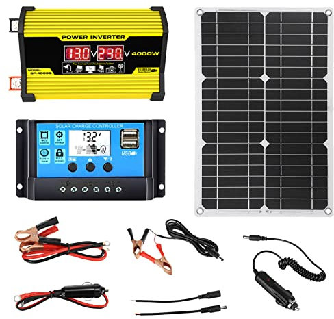 Steadybombb Kit Completo de energía Solar,Completo de Panel Solar de 12 voltios Inversor convertidor de 300 vatios | DC12V a AC110/220V 30A Controlador Solar con Puertos USB y Pantalla LED