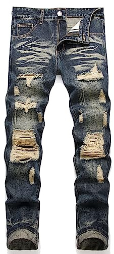 AITITIA Men's Ripped Regular Fit Jeans, 3005 Blue, 28