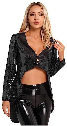 JEATHA Damen Pailletten Zirkus Frack Jacke Glitzernde Smoking Oberbekleidung Halloween Fasching Zirkus Damen-Kostüm Schwarz L