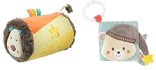 Fehn Krabbelrolle Löwe Funky Friends – Baby Krabbelhilfe Rolle im niedlichen Löwen Design & Soft Bilderbuch Bruno – Baby Fühlbuch aus Stoff mit Tier Motiven
