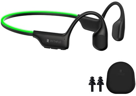 Rythflo Audífonos Bluetooth, auriculares de conducción ósea con micrófono, auriculares inalámbricos abiertos con barra de luz para correr, IPX7 impermeable 32 GB MP3 para natación, 8 horas de