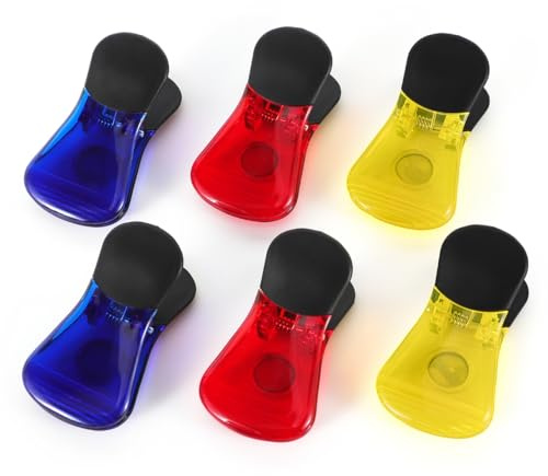 Yi Concept Lot de 6 pinces magnétiques en plastique pour réfrigérateur - Pinces à papier magnétiques - Pinces à collation - Pinces multifonctions (rouge, bleu, jaune)