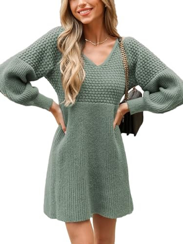 CUPSHE Damen Strickkleid Pulloverkleid V Ausschnitt Langarm Wabenmuster Feinstrick Pullikleid Knit Sweater Mini Dress Dusty Green XS