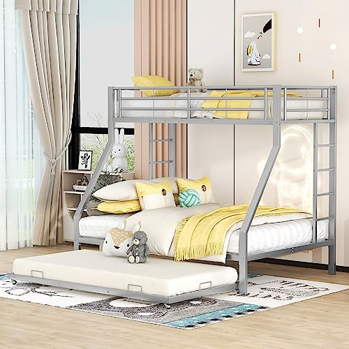 Merax Metall-Etagenbett mit Ausziehbarem Bett und Leiter auf beiden Seiten Metallbett - Ideal für Kinder, Jugendliche und Erwachsene, Einfache Montage, 90(140) x200cm, Silber
