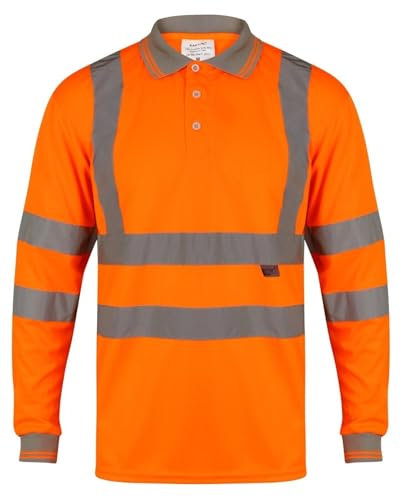 AAIF RETAILS® Hi Viz High Visibility Long Sleeve Polo Shirts - Men's Reflective Tape Safety Hi Vis Security Work Breathable Lightweight Workwear T-Shirt Tops Plus Orange Size Medium