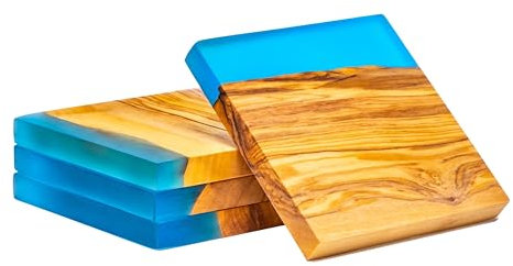 Erreke Set mit 4 Holz Untersetzer aus Natürlichem Olivenholz und Epoxidharz, Untersetzer Holz, Untersetzer Gläser, Holzuntersetzer, für Getränke Tassen Gläser Becher, 10x10x1.2 cm, Blau Farbe