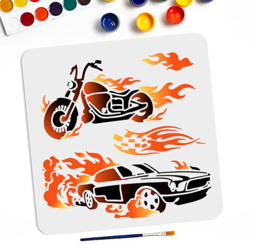 MAYJOYDIY Flammen Feuer Auto Schablonen 30 × 30cm Motorräder Auto Feuer Malschablonen Mit Pinsel Fahrzeug Feuer Themenvorlage Für Stoff Wände Möbel Holz Leinwand