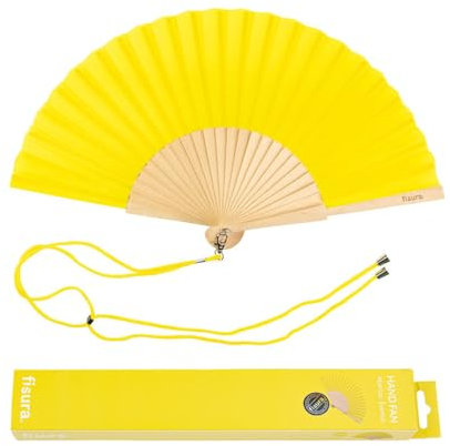 FISURA – Gelber Handfächer Moderner und lustiger Holzfächer. Origineller Fächer für den Sommer. Fächer mit Aufhängung. Maße: 42,5 Zentimeter x 23 Zentimeter.