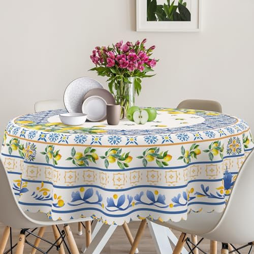 cusugbaso Runde Tischdecke, Zitrone, 152,4 cm, mediterraner Sommer für Zuhause, wasserabweisend, Zitronen-Tischdecke, Sommerdekoration für Zuhause, Tisch, Party