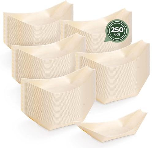 Horeca Collection MAXI PRODUCTS - Cuencos Desechable Madera - Cuencos Catering Aperitivos Desechable - Cuenco Cocktail - Barquillas Madera - PRÁCTICO Y APILABLE (21,5 x 11,5 x 3 cm, 250 unidades)