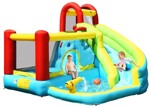 LIFEZEAL Castello Gonfiabile per Bambini 3+ Anni, Parco Aquatico Esterno, Interno, Giochi con Scivolo, Trampolino, Piscina, Parete da Arrampicata, Canestro, 325x310x225cm, Max 135 kg, Regalo