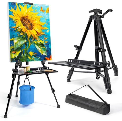 WIIGO Art Easel Stand for Painting, Adjustable 51-155 cm, Folding Tripod Display Easel, Artist Stand Easel with Bag/Keg/Apron, Tabletop and Floor Painting Display Drawing Art Sketch (Black)