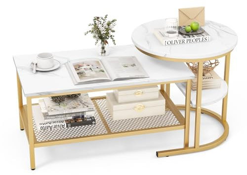 2er Set Beistelltisch, Couchtisch Marmor Optik mit Metallrahmen & Ablage, Kaffeetisch Wohnzimmertisch Sofatisch für Wohnzimmer, Schlafzimmer (Weiß + Golden)