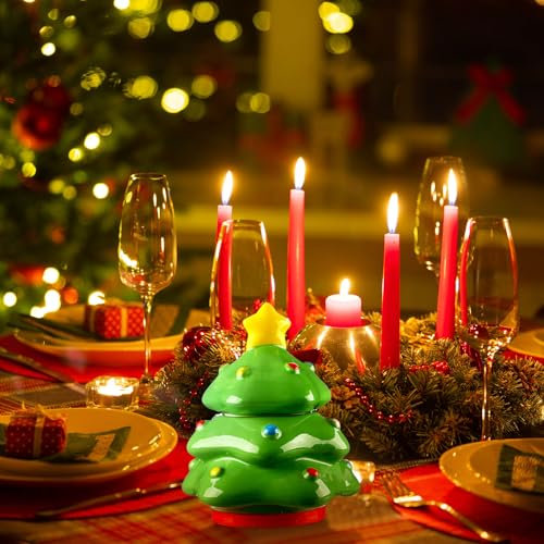 MTLEE Ceramic Christmas Tree Candle Holders with 2 Pcs Candles Green Xmas Tree Table Decorations Ceramic Candy Cookie Jar TeaLight Candle Candlestick for Christmas Tabletop Centerpieces Xmas Gifts