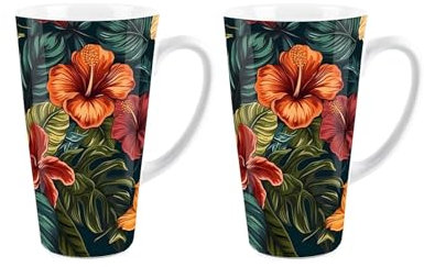 Purely Home Dark Hibiscus Tall Latte Mugs Set - Ceramic Coffee/Hot Chocolate Floral Present Drinkware Gifts - Set of 2