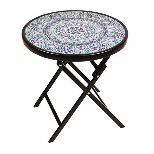 Nexos Trading Beistell-Tisch mit Glasplatte Gartentisch Terrassentisch Veranda-Tisch Balkontisch - Platte: Blau-Lila Gemustert– Gestell Schwarz – Ø 45 cm