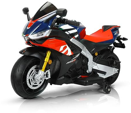 TCARAIWEN Aprilia Lizenzierte 24V Kinder Elektro-Motorrad, Geschwindigkeit bis zu 8 km/h Ride-On Motorrad mit Stützrädern, Schlüsselschalter und MP3 (Gewöhnlicher Motorren - 24V, Blau)