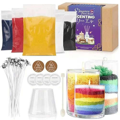 Blingfun Kerzensand mit Docht Set 500g. 5 colors-Kerzen sand perlenkerzen mit Dochten, Mischbecher, Löffel, hitzebeständiger Matte und Staubschutzhülle - Komplettset für DIY-Kerzenherstellung