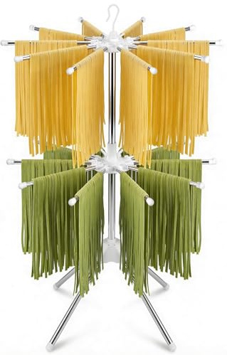 KOLEONHOME Pasta Drying Rack, 20-Rod Double Layer Large Capacity Pasta Dryer, 304 Stainless Steel 360° Rotating Foldable Noodle Stand for Homemade Spaghetti, Fettuccine, Family Pasta Night