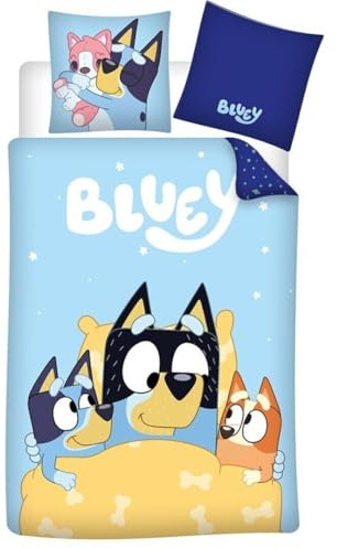 Aymax Bluey Bettwäsche 135x200 cm – Kinderbettwäsche aus 100% Baumwolle mit Kissenbezug 65x65 cm – Wende-Design mit Bluey & Bingo – Atmungsaktiv & kuschelig – Geschenk für Kinder