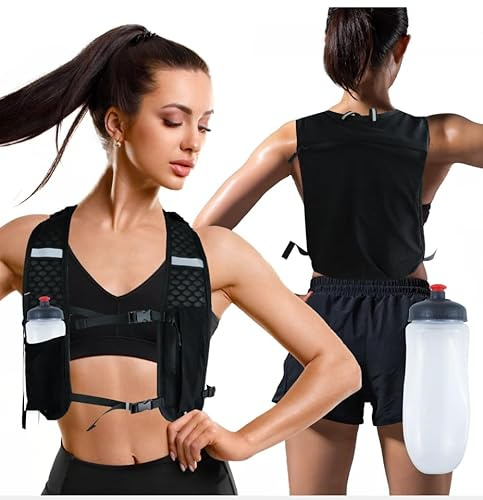 Fosoloni Laufweste für Damen und Herren, Europäisches Originalpatent, Verstellbare Brustgurte, Trinkrucksack mit 500ml Wasserflasche und Handyhalterung, Reflektierender Laufrucksack