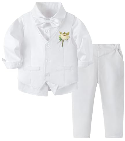 Volunboy Baby Boys 4-Piece Formal Suit, Toddler Waistcoat Wedding Party Birthday Dress Gentleman Suit(Tag Size 110,3-4 Years,Pure White