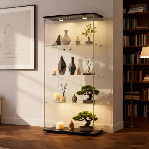 Solisburne Glasvitrine Standvitrine in Schwarz, 164,5x80,6x36,5cm Moderne Vitrinenschrank mit LED Beleuchtung, Glasschrank mit 4 Glasböden und 2 Türen für Wohnzimmer Büro Sammlerstücke Wein Bücher