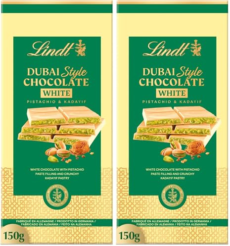 Lindt Tavoletta DUBAI STYLE CHOCOLATE, Tavoletta di Cioccolato Bianco, ripiena di Pistacchio e Kadayf, Formato 150g (Confezione da 2)