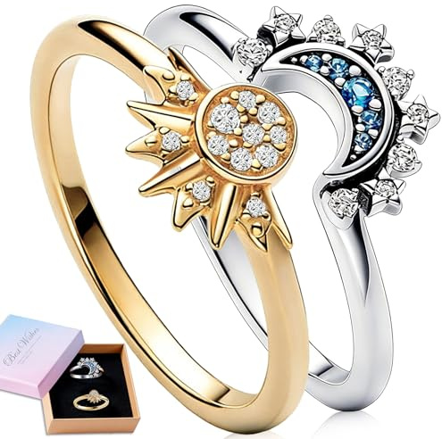 Benaton Sonne Mond Ringe Schmuck Geschenk Ringe, Paare Sonne Goldring und Mond Silberring Promise Matching Ring Damen Frauen Herren Geschenk für Frauen Valentinstag (Mit Geschenkbox)