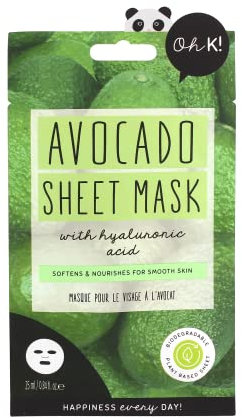 Oh K! Hydrating Avocado Sheet Mask for Dry and Dehydrated Skin, Biodegradable Facemask, Vegan and Cruelty Free, 33g
