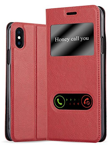 cadorabo Coque pour Apple iPhone X/XS en Rouge Safran - Housse Protection avec Stand Horizontal et Deux Fenêtres - Portefeuille Etui Poche Folio Case Cover