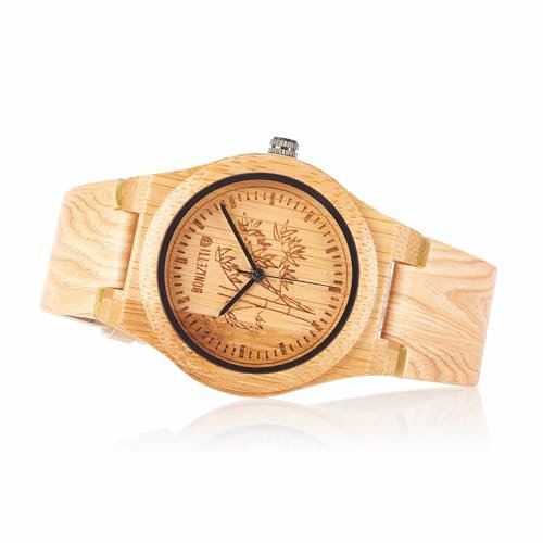 Bonizetti Damenuhr ÄTNA Holzuhr Braun Beige Durchmesser 4cm Holzarmband, Echtholz, Armbanduhr