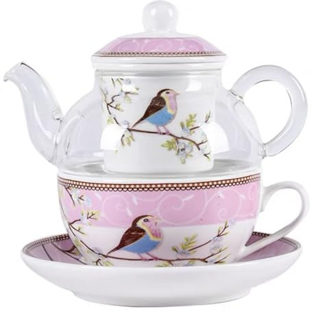 YBK Tech Théière en verre avec infuseur en porcelaine, tasse et soucoupe motif oiseau heureux (rose)