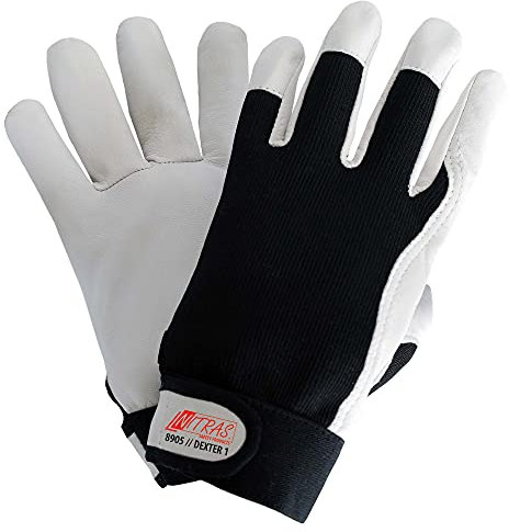 6 Paar NITRAS Dexter 1 Mechanikerhandschuhe 8905 - Nappaleder - schwarz-weiß, ungefüttert, atmungsaktiv, mit Klettverschluss, Größe:8