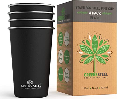 Greens Steel Gobelet en Acier Inoxydable - Noir, 475ml I Lot Verres Empilables Réutilisables à Paroi Unique I Antirayures, Antidérapant, Antidécoloration, Sans Plastique BPA I pour Voyage et Camping