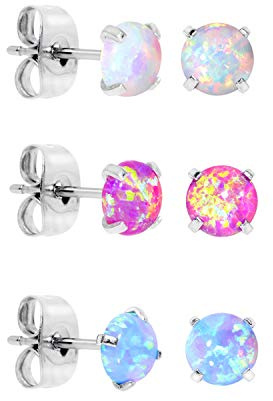Aroncent Ohrringe Set 316L Edelstahl Ohrstecker Opal Ohrschmuck in Weiß/Blau/Rosa 3MM-5MM