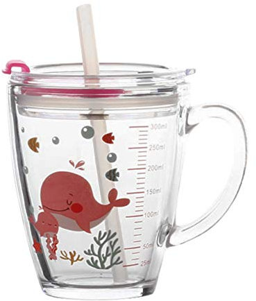 IBLUELOVER Tasse à Lait en Verre avec Paille Silicone Verres Transparent avec Échelle 350 ml et Couvercle anti-fuite Tasses d'eau Gobelet Résistant à Micro-ondes Joli Tasse Verre