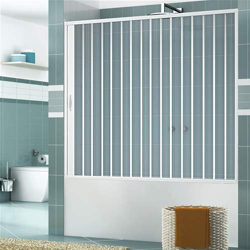 Mampara para bañera, 150 x 150 cm, modelo Alba, de PVC, puerta única con apertura lateral, paneles semitransparentes, perfiles de color blanco