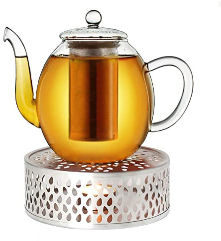 Creano Teekanne aus Glas 1,5l + ein Stövchen aus Edelstahl, 3-teilige Glasteekanne mit integriertem Edelstahl Sieb und Glasdeckel, ideal zur Zubereitung von losen Tees, tropffrei