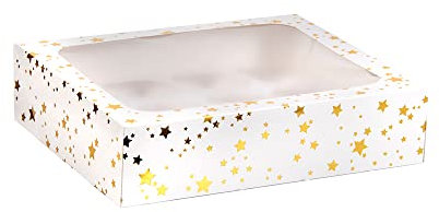 Anniversary House Cupcake Box with Window and Removable 12 Hole Insert, Gold Star Foil Print, Easy Assembly, 7.5 x 25 x 31 CM, J106