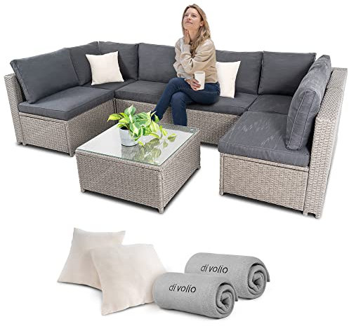 di volio Gartenmöbel-Set Torino aus Polyrattan, 6 Module und 1 x Couchtisch, inkl. Verbinder, Polsterauflagen, Rückenlehnen-Kissen, Fleece-Decke und 2 Kopfkissen