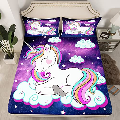 Kinder Einhorn Spannbettlaken 140x200cm Galaxis Magisch Tier Dekor Spannbetttuch für Mädchen Jungen Dekor Regenbogen Verträumt Pferd Bettlaken Set Lila Blau Sternenhimmel Kein flaches Blatt 2St