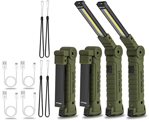 Vagocom Rechargeable Work Light, LED Super Bright Flashlight Tools COB Torch Portable Inspection Lamps with Magnetic and Tail Rope for Gifts,Garage,Workshop,Camping,Emergency(4 Pack)