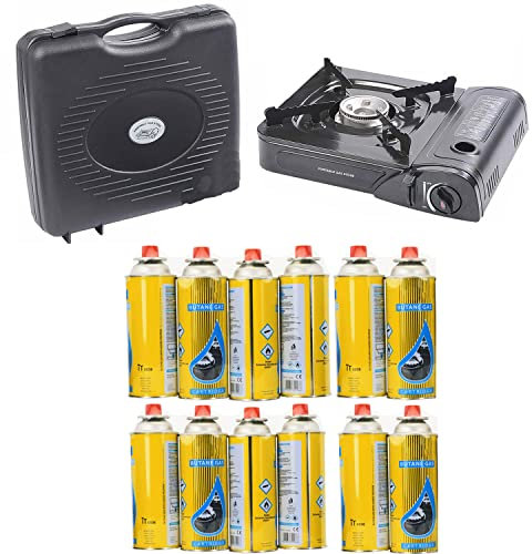 Portable Camping Gas Cooker Single Burner Stove Enamel Pan Holder Butane BBQ Carry Bag Automatic Ignition System Caravan Outdoor + 12 Gas Refills