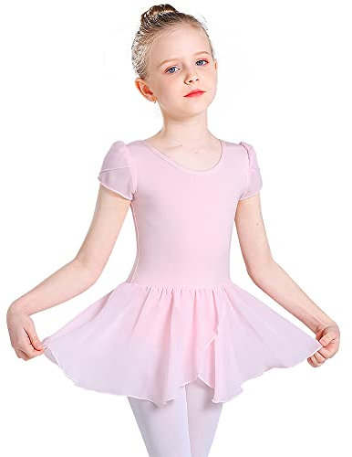 Monbessi Ballettkleidung Mädchen Ballettkleid Kurzarm Tanzkleid Balletttrikot aus Baumwolle mit Chiffon Rock Tütü 2-11Jahre 90-150 CM (100, Rosa)